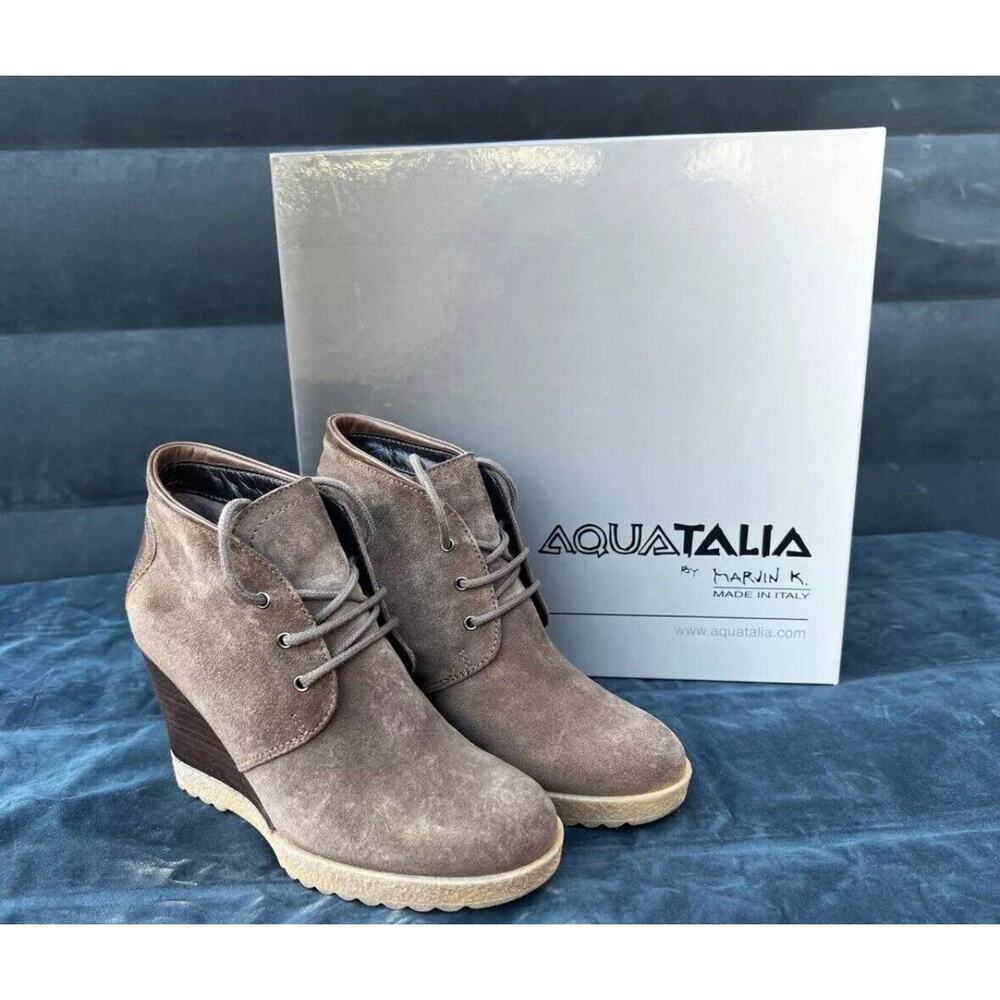 Aquatalia By Marvin K ‘Cassie’ Gray Suede Laceup Wedge Booties Italy Size US 6